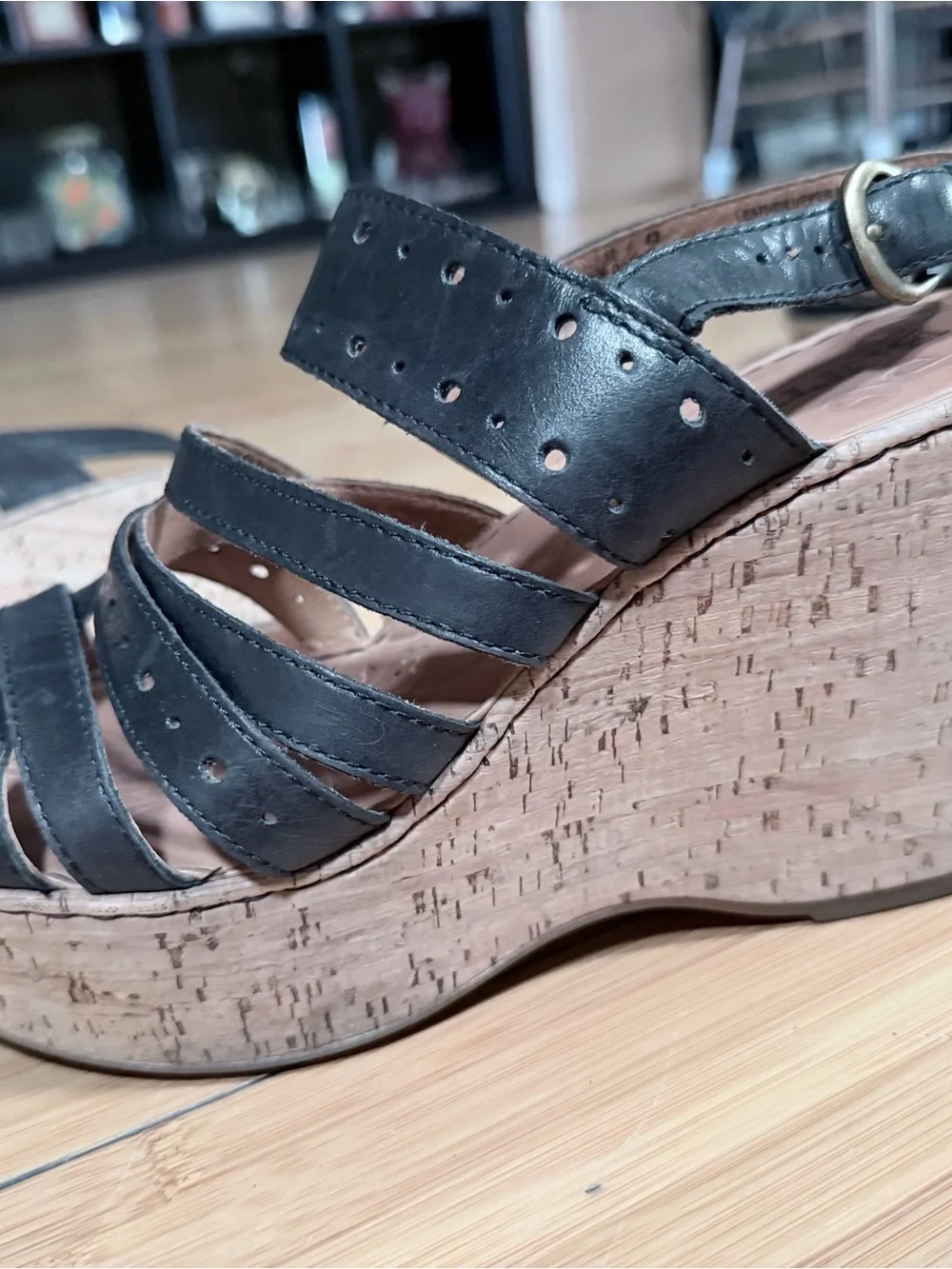 Born Black Leather Perforated Wedge Sandals